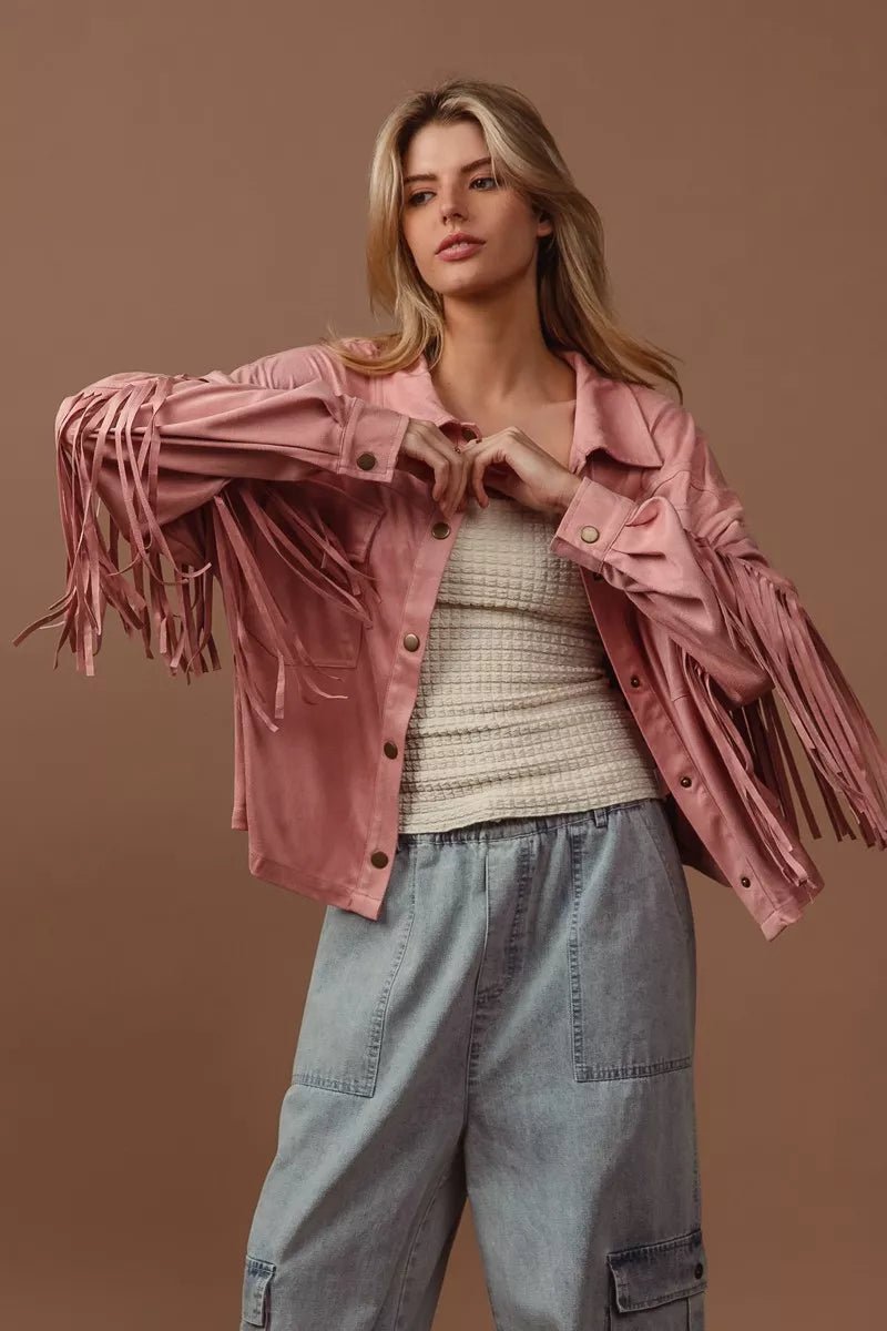 BiBi Suede Fringe Long Sleeve Jacket - Quarter Circle AK Boutique