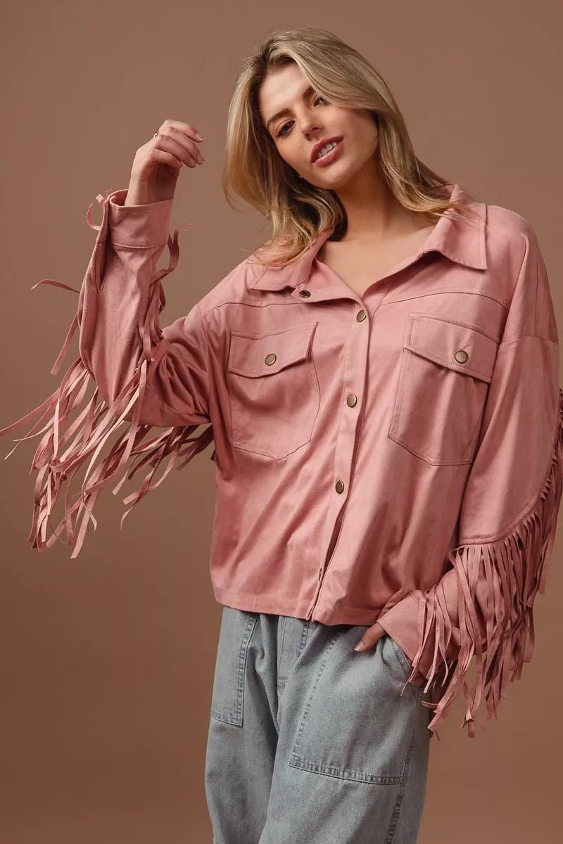 BiBi Suede Fringe Long Sleeve Jacket - Quarter Circle AK Boutique