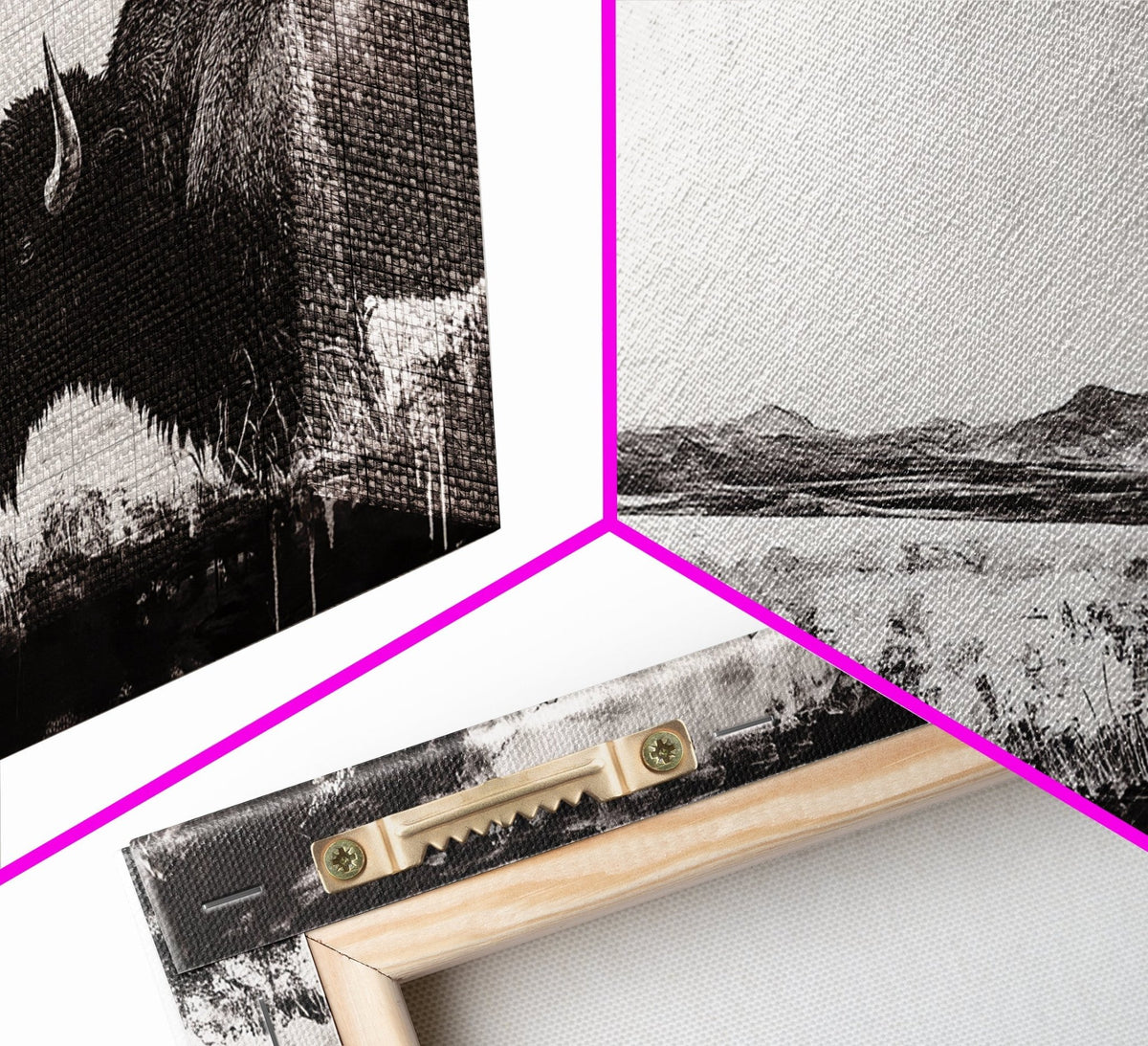 Bison Landscape, Western Art, Black and White Buffalo, Rustic Home Decor, Southwestern Wall Art, Nature Artwork, Framed Canvas Print - Quarter Circle AK Boutique