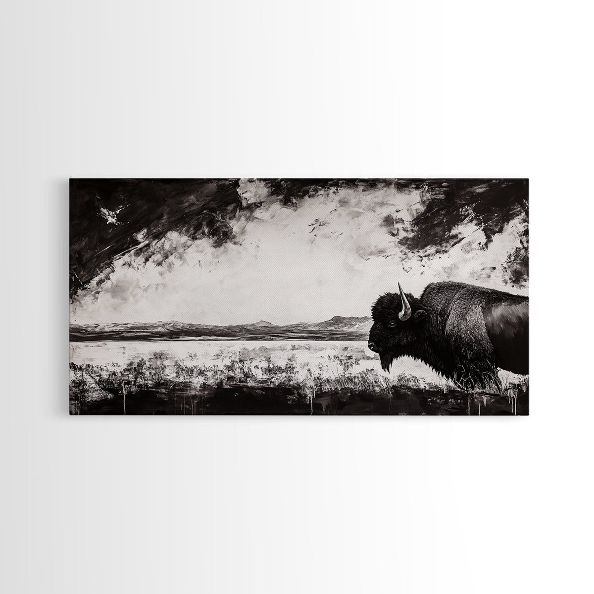 Bison Landscape, Western Art, Black and White Buffalo, Rustic Home Decor, Southwestern Wall Art, Nature Artwork, Framed Canvas Print - Quarter Circle AK Boutique