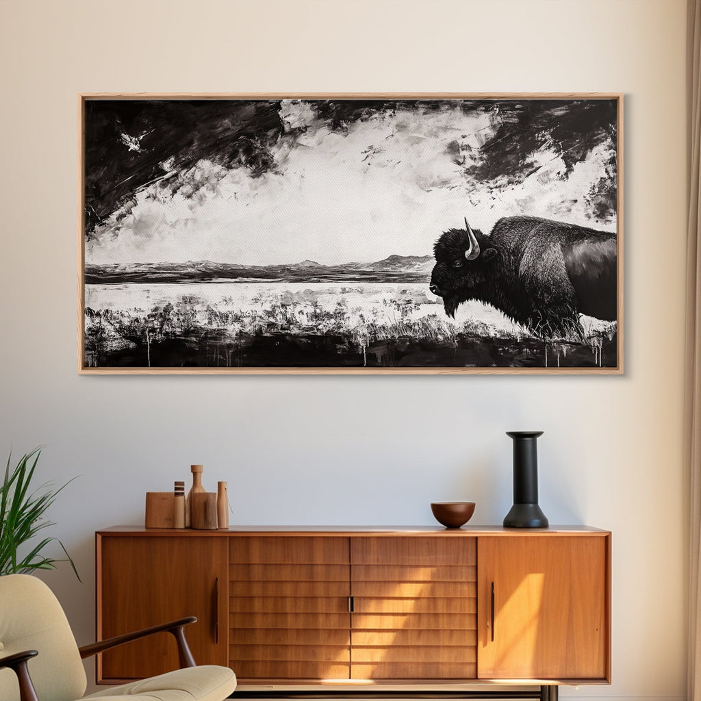 Bison Landscape, Western Art, Black and White Buffalo, Rustic Home Decor, Southwestern Wall Art, Nature Artwork, Framed Canvas Print - Quarter Circle AK Boutique