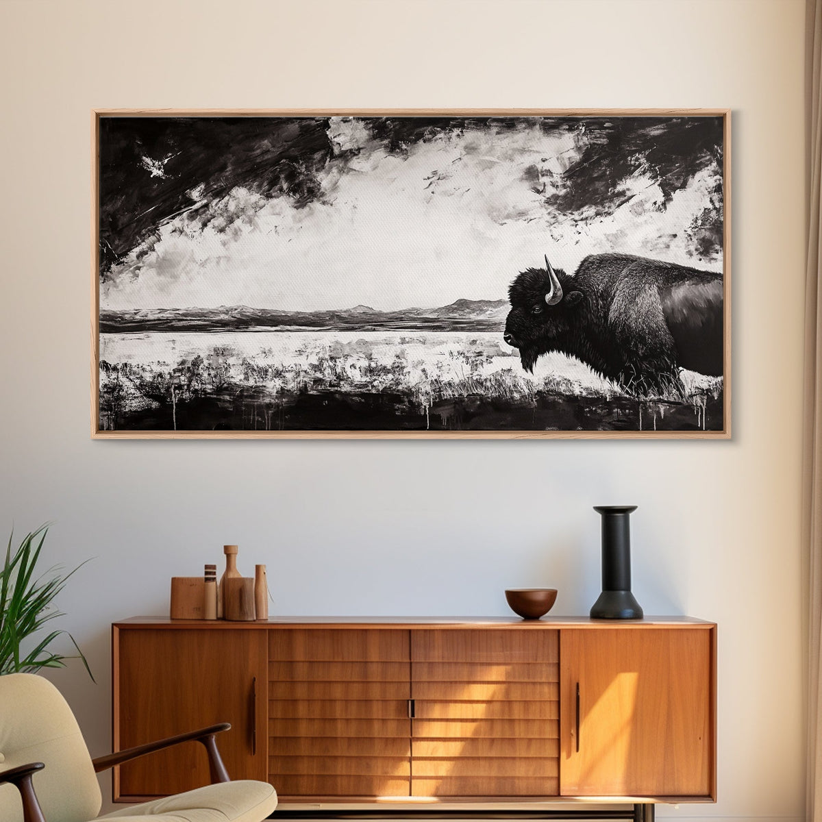 Bison Landscape, Western Art, Black and White Buffalo, Rustic Home Decor, Southwestern Wall Art, Nature Artwork, Framed Canvas Print - Quarter Circle AK Boutique