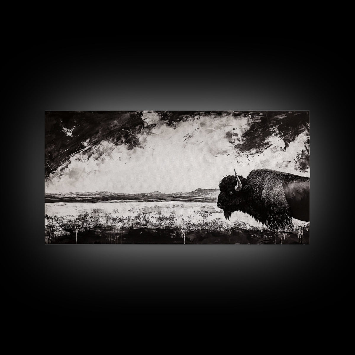 Bison Landscape, Western Art, Black and White Buffalo, Rustic Home Decor, Southwestern Wall Art, Nature Artwork, Framed Canvas Print - Quarter Circle AK Boutique