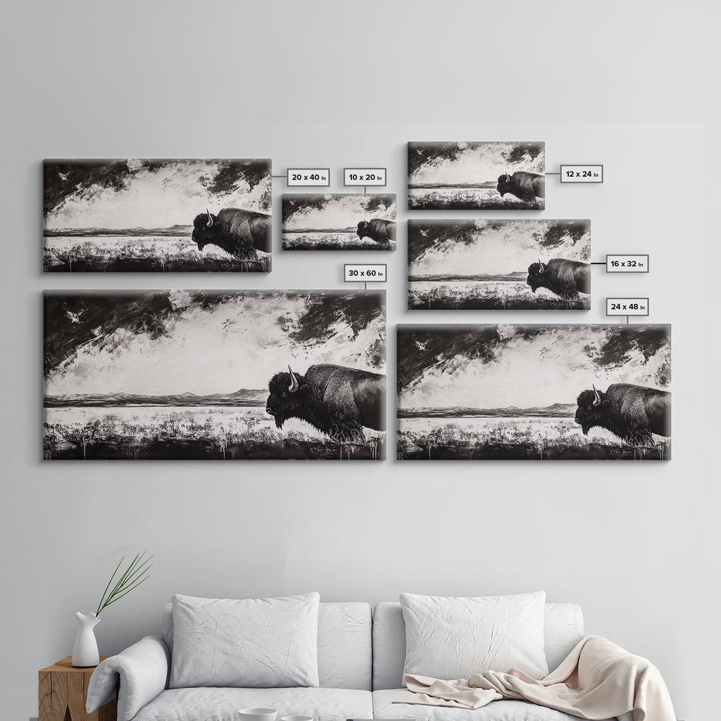 Bison Landscape, Western Art, Black and White Buffalo, Rustic Home Decor, Southwestern Wall Art, Nature Artwork, Framed Canvas Print - Quarter Circle AK Boutique