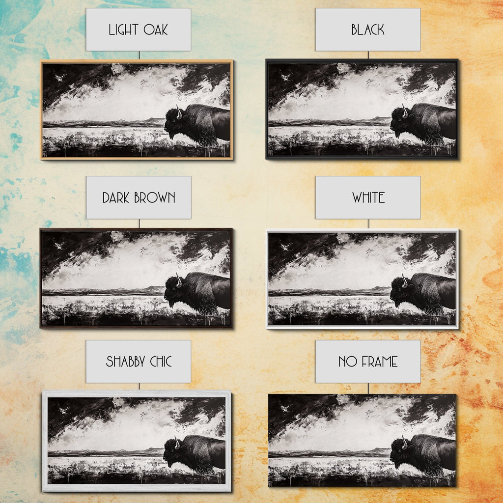 Bison Landscape, Western Art, Black and White Buffalo, Rustic Home Decor, Southwestern Wall Art, Nature Artwork, Framed Canvas Print - Quarter Circle AK Boutique
