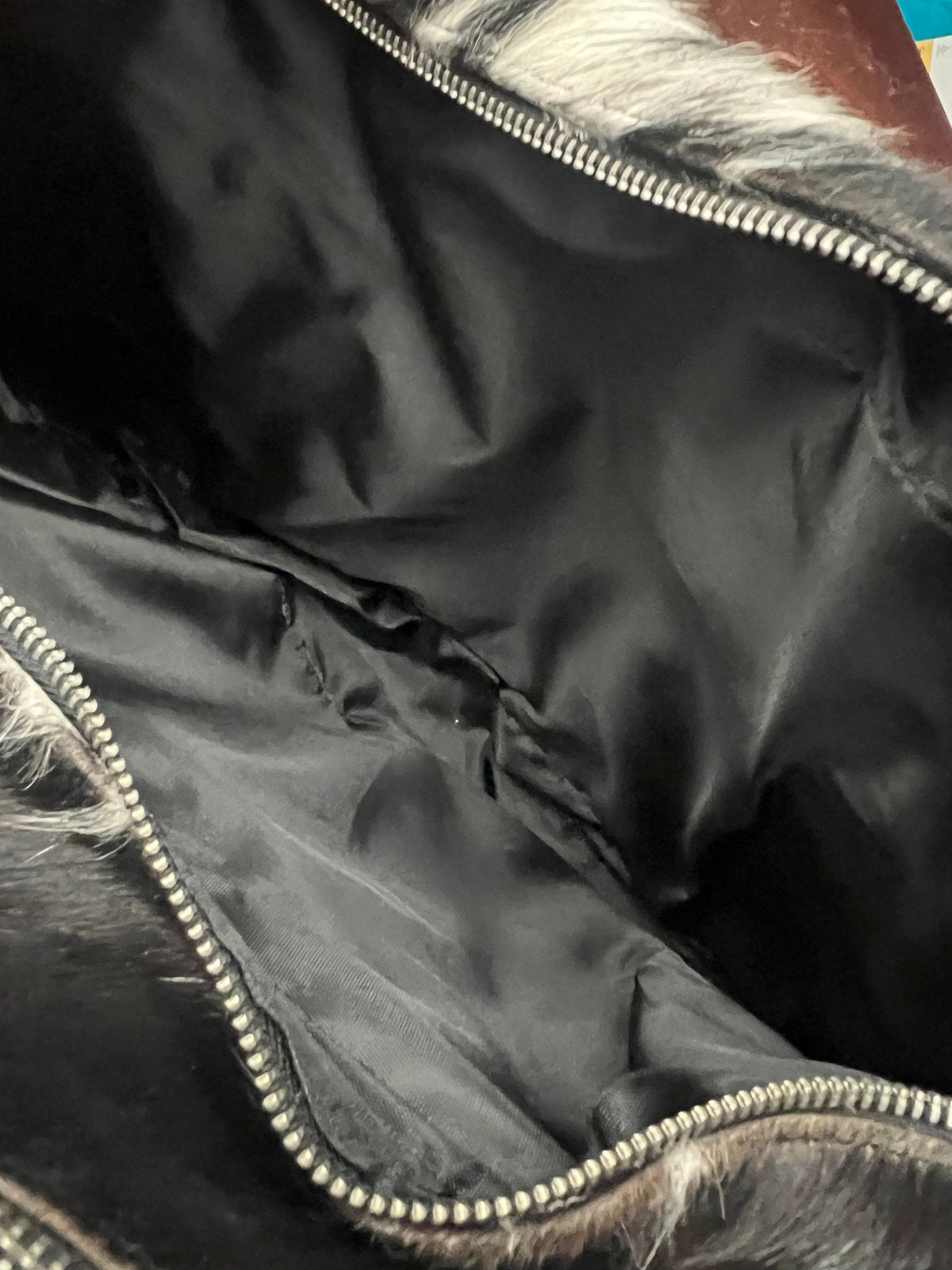 Western Hair-on-Hide Crossbody Diaper Bag — Black & White Cowhide (18" with Adjustable Strap)