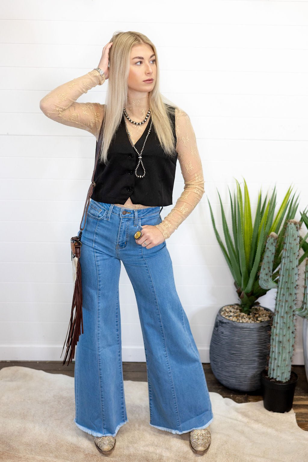 HYFVE Black V-Neck Hidden Button Sleeveless Western Vest — Crop Hem Versatile Layering Piece