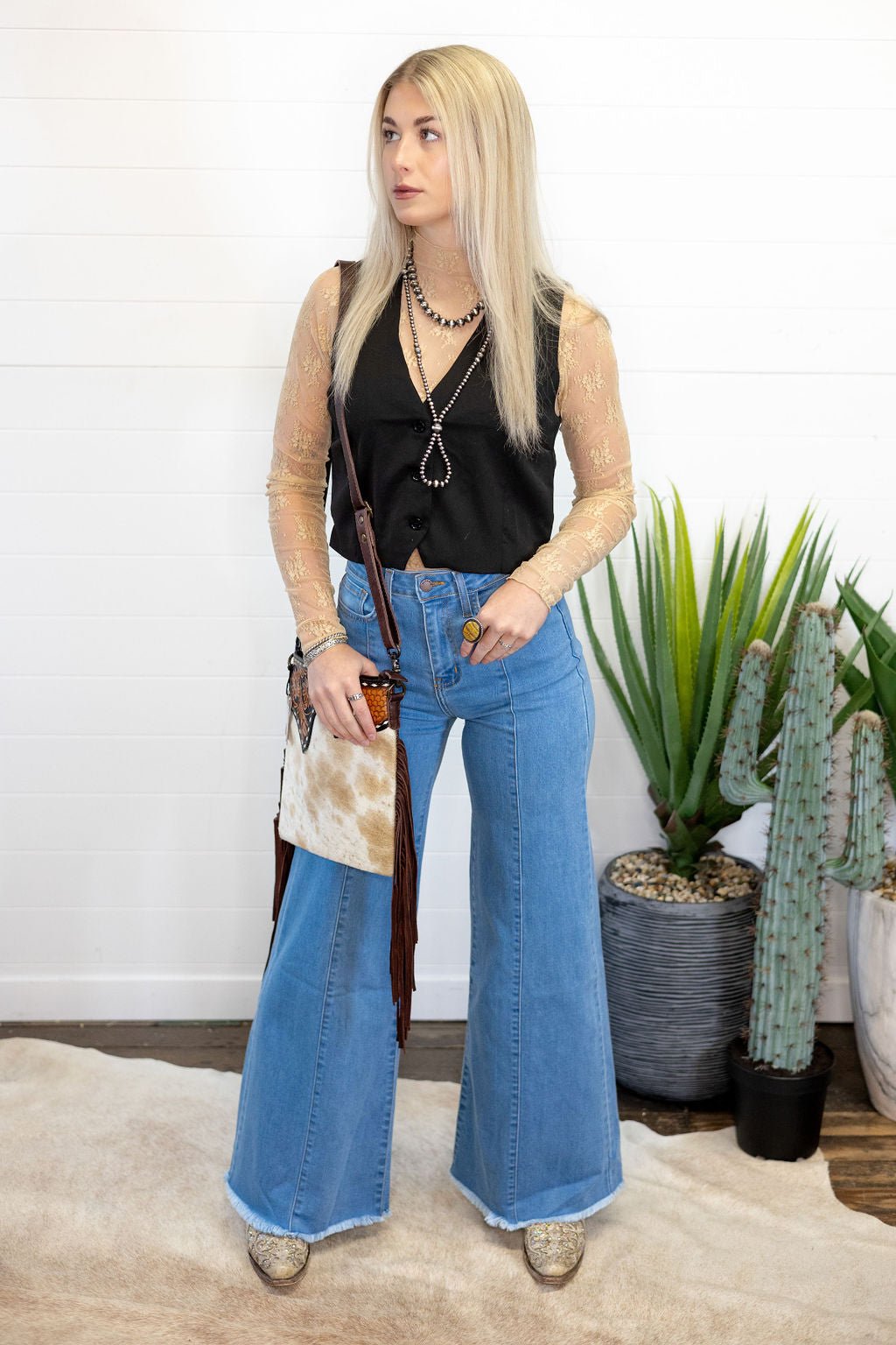 HYFVE Black V-Neck Hidden Button Sleeveless Western Vest — Crop Hem Versatile Layering Piece