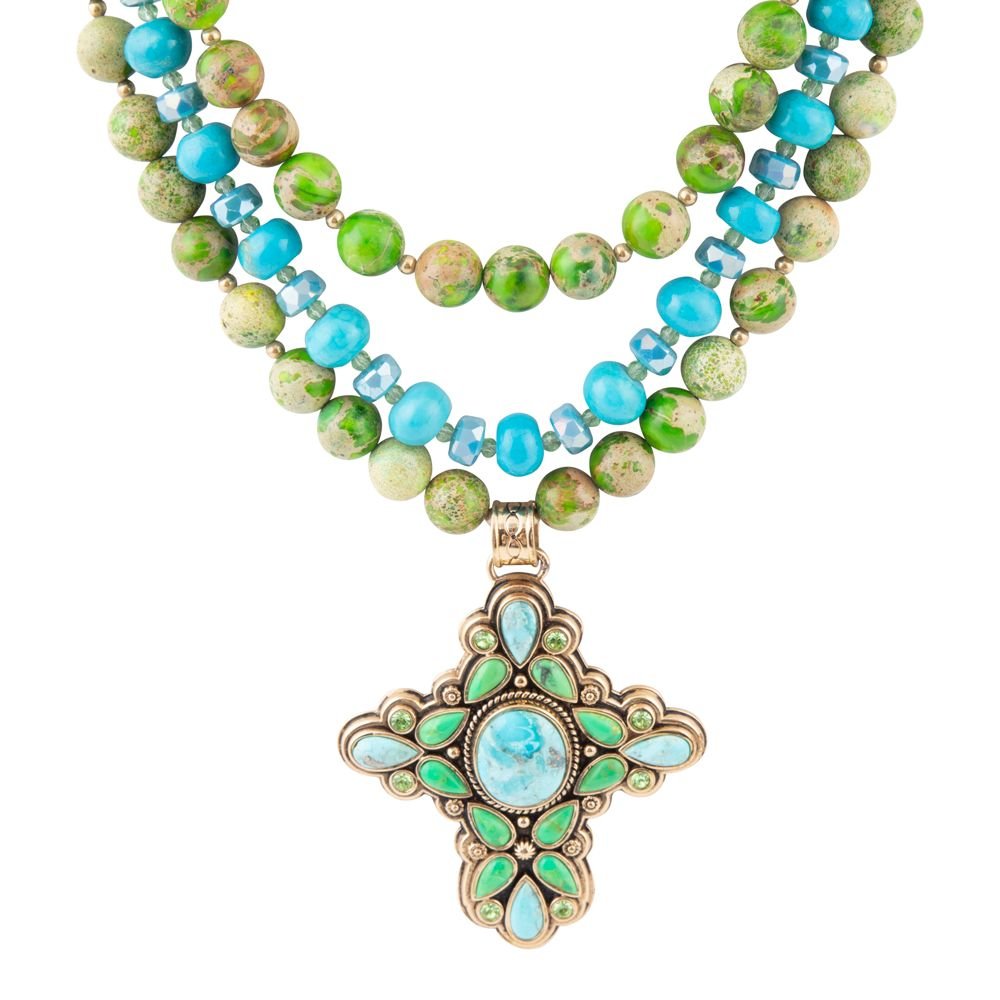 Legacy Lime Green and Blue Turquoise Golden Cross Pendant Statement Necklace