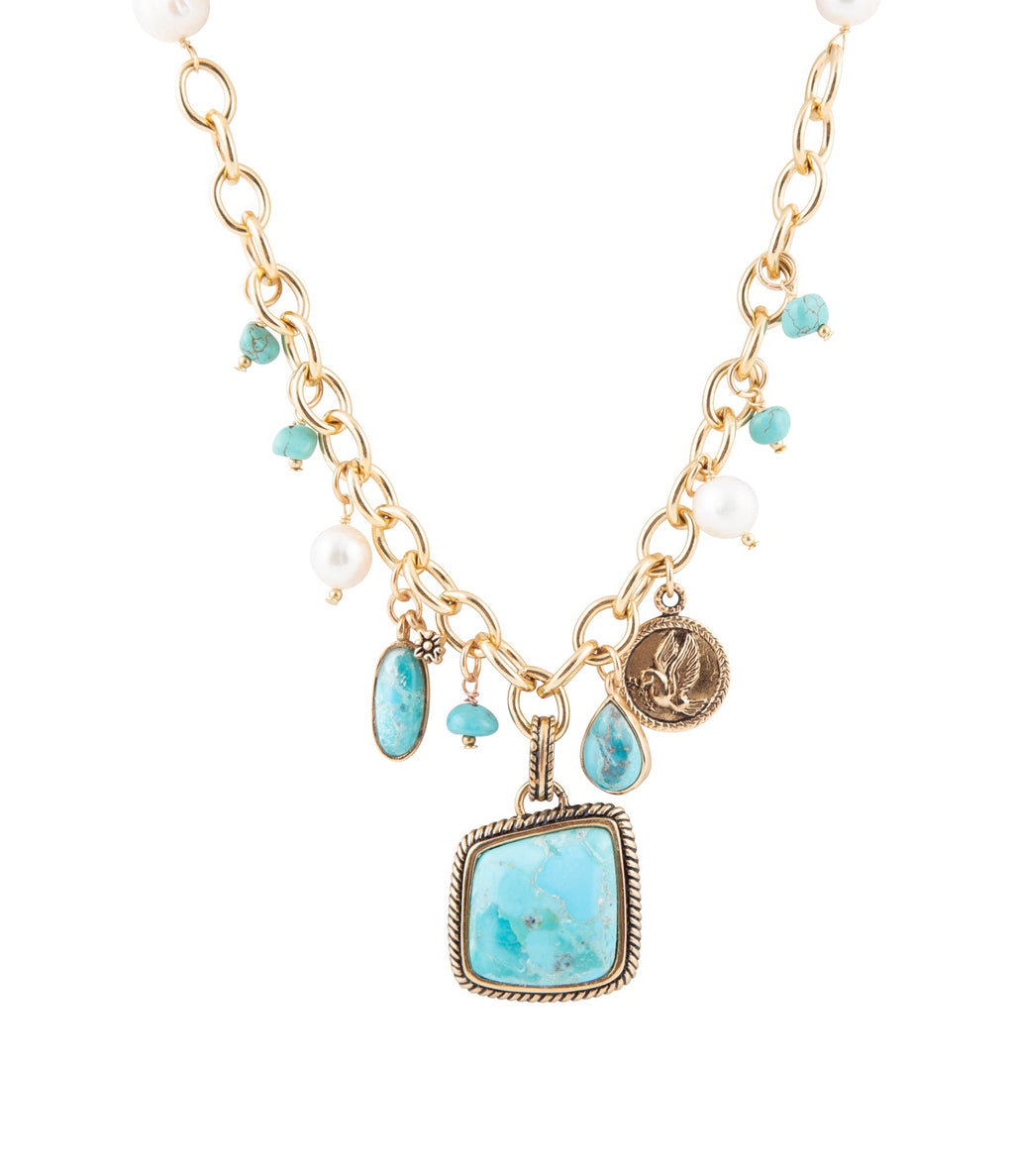 Blue Turquoise and White Pearl Multi Pendant Golden Necklace