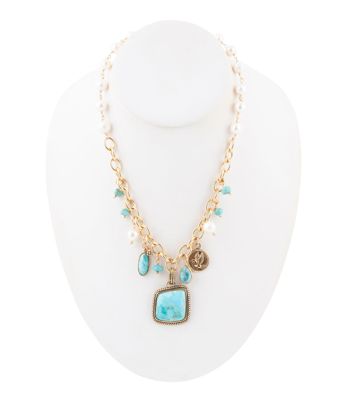 Blue Turquoise and White Pearl Multi Pendant Golden Necklace