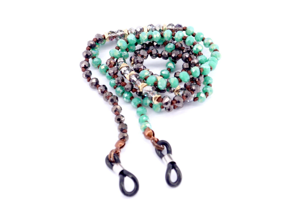 Boho, (Eyeglass chain) Double Hand Knotted (Turquoise, Hemitae, SiIver Glass Crystal) (4 mm) w Anti Slip Loops n Brass Fastener. - Quarter Circle AK Boutique