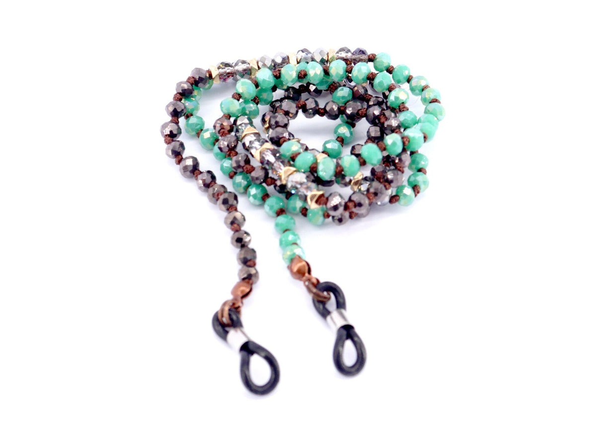 Boho, (Eyeglass chain) Double Hand Knotted (Turquoise, Hemitae, SiIver Glass Crystal) (4 mm) w Anti Slip Loops n Brass Fastener. - Quarter Circle AK Boutique