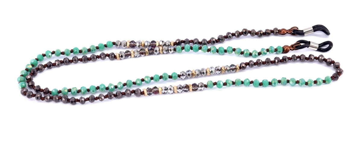 Boho, (Eyeglass chain) Double Hand Knotted (Turquoise, Hemitae, SiIver Glass Crystal) (4 mm) w Anti Slip Loops n Brass Fastener. - Quarter Circle AK Boutique