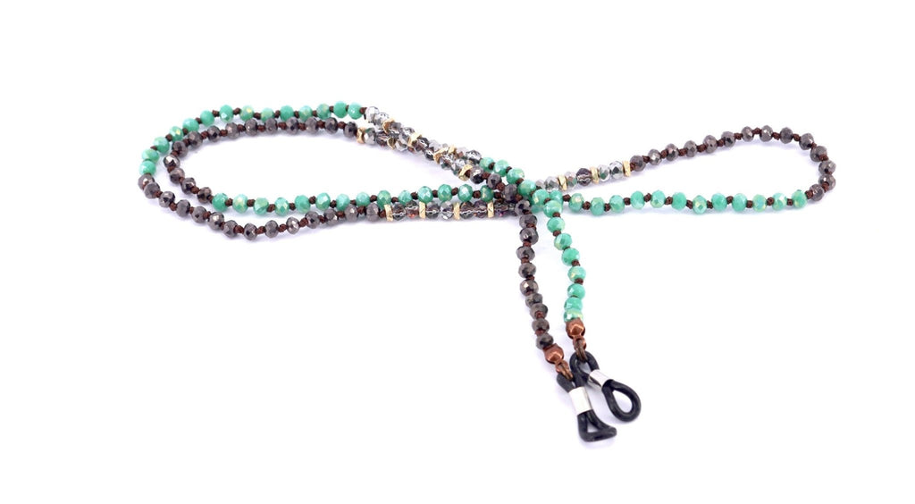 Boho, (Eyeglass chain) Double Hand Knotted (Turquoise, Hemitae, SiIver Glass Crystal) (4 mm) w Anti Slip Loops n Brass Fastener. - Quarter Circle AK Boutique