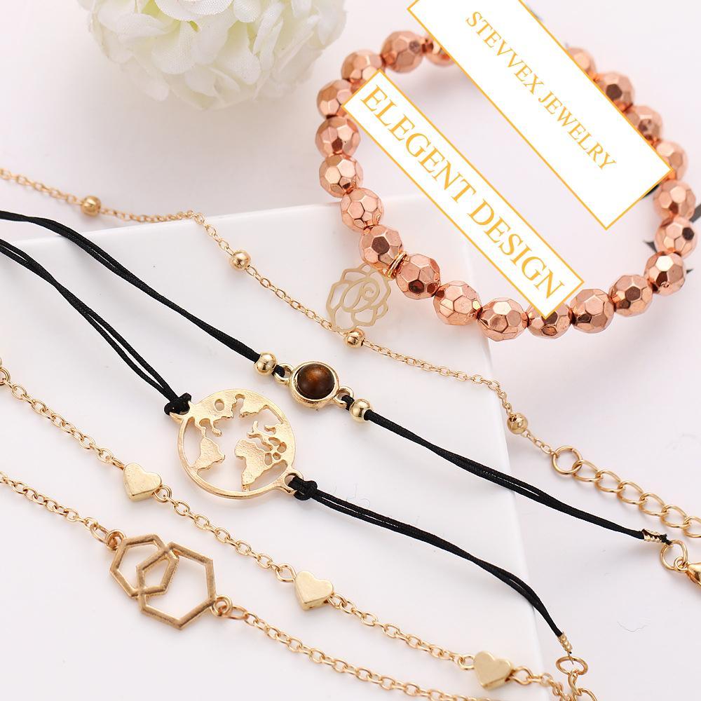 Boho Rose Map Bracelets & Bangles for Women Bohemian Round Charm Bracelet Set Fashion Multilayer Accessories Luxury Jewelry - Quarter Circle AK Boutique
