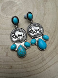 Western Buffalo Coin Cluster Earrings with Faux Turquoise — 2" Oxidized Silver Statement