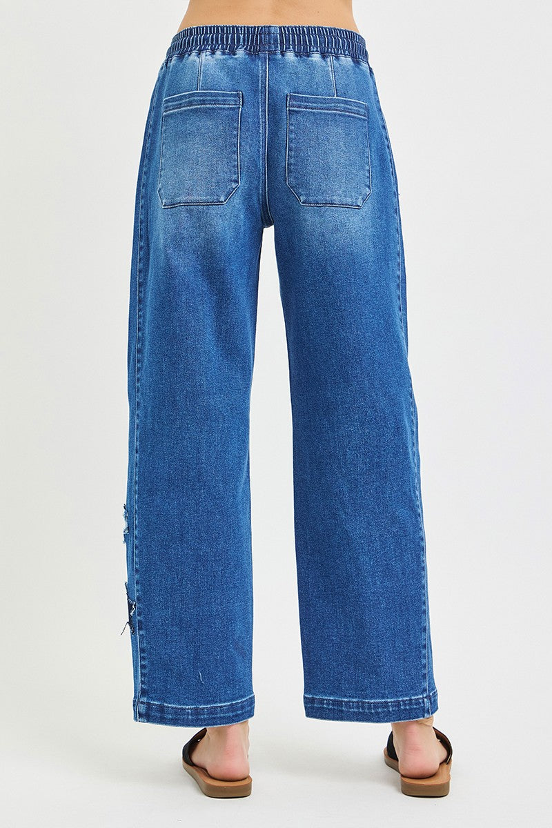 RISEN Elastic Band Slouchy Cropped Barrel with Star Patch