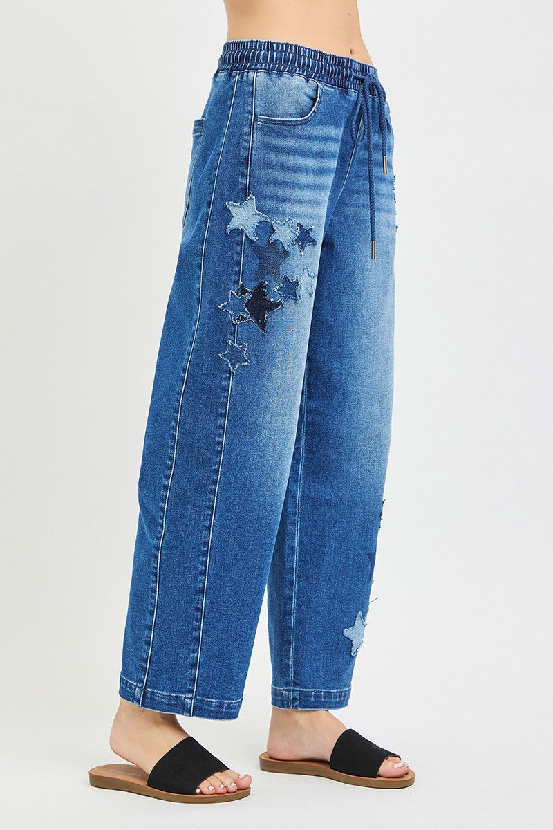 RISEN Elastic Band Slouchy Cropped Barrel with Star Patch