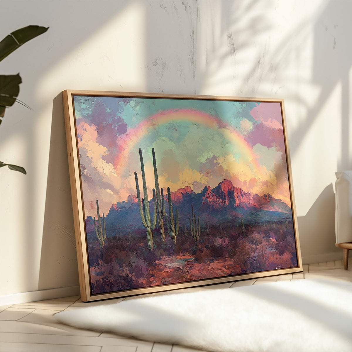 Cactus Rainbow Desert Print – Boho Southwest Canvas Art - Quarter Circle AK Boutique