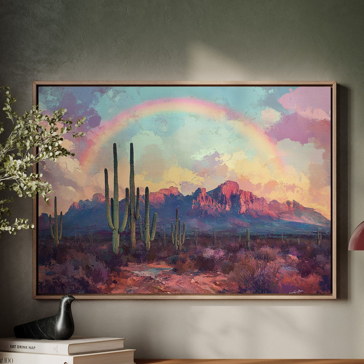 Cactus Rainbow Desert Print – Boho Southwest Canvas Art - Quarter Circle AK Boutique