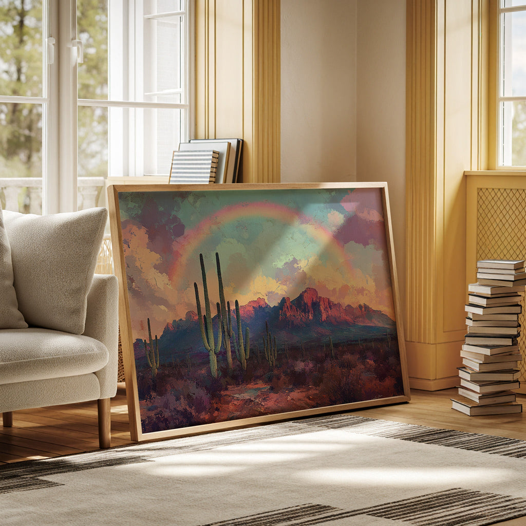 Cactus Rainbow Desert Print – Boho Southwest Canvas Art - Quarter Circle AK Boutique