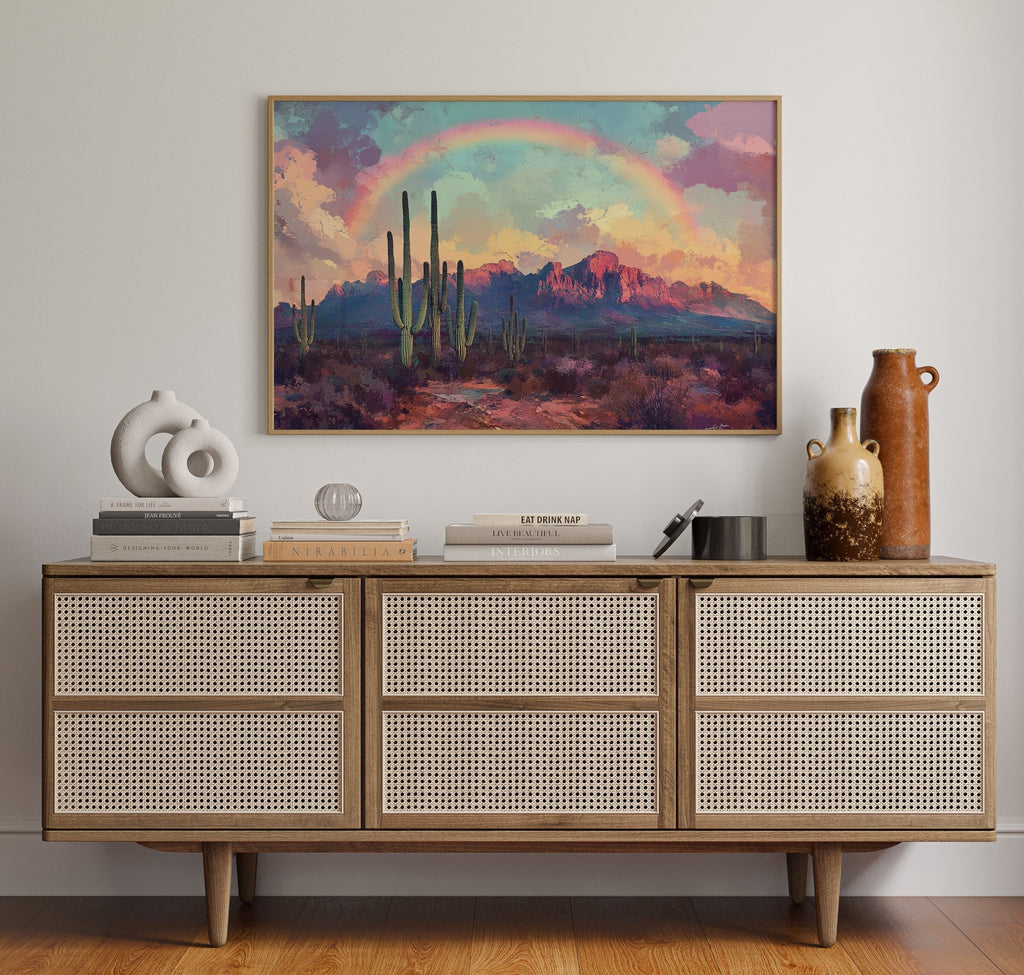 Cactus Rainbow Desert Print – Boho Southwest Canvas Art - Quarter Circle AK Boutique