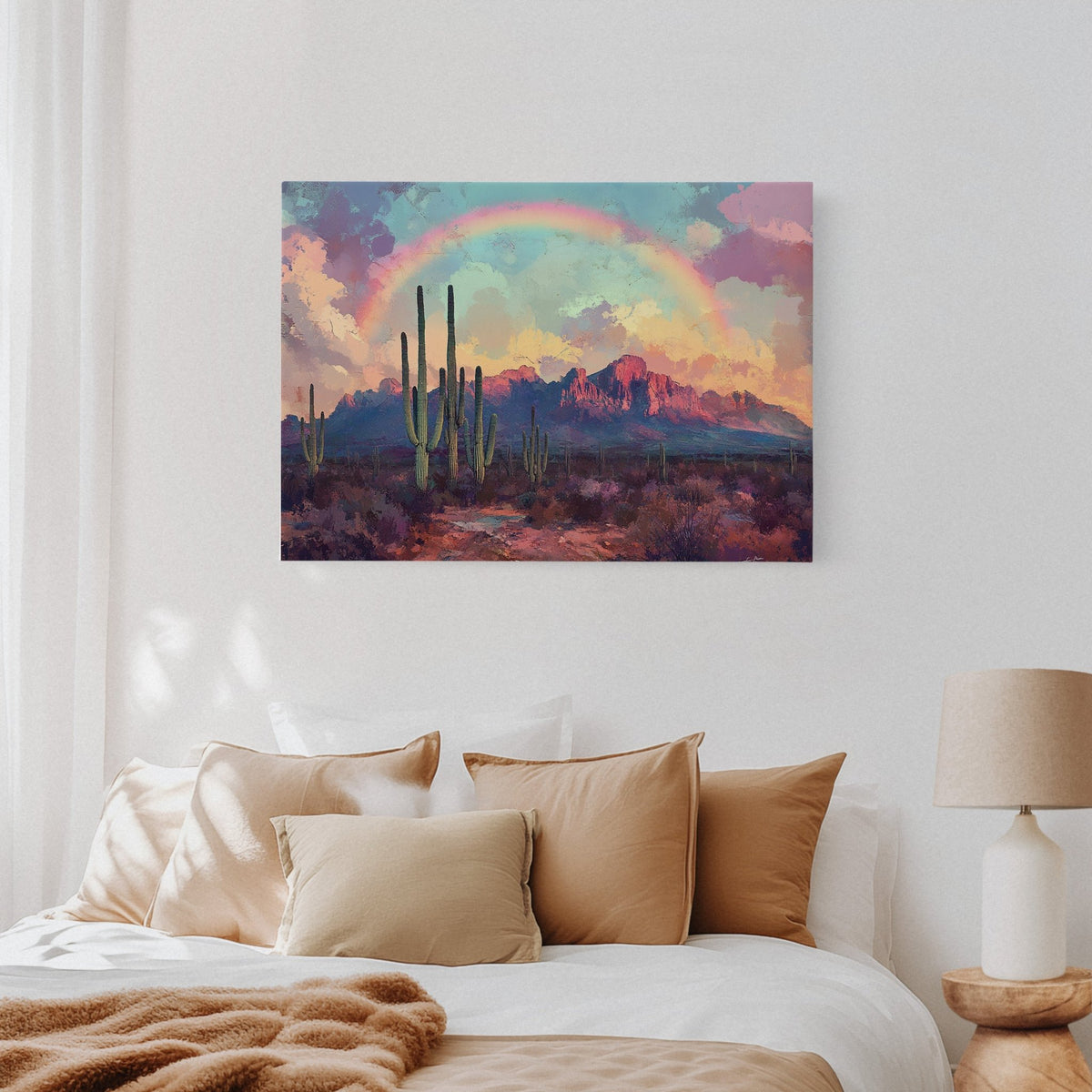 Cactus Rainbow Desert Print – Boho Southwest Canvas Art - Quarter Circle AK Boutique