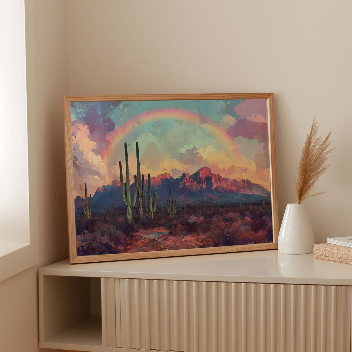 Cactus Rainbow Desert Print – Boho Southwest Canvas Art - Quarter Circle AK Boutique