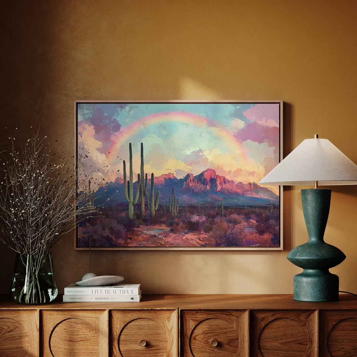 Cactus Rainbow Desert Print – Boho Southwest Canvas Art - Quarter Circle AK Boutique