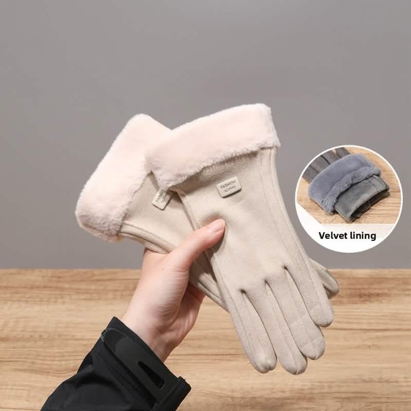 Cashmere Warm Suede Leather Plush Touch Screen Gloves - Quarter Circle AK Boutique