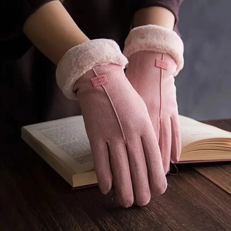Cashmere Warm Suede Leather Plush Touch Screen Gloves - Quarter Circle AK Boutique