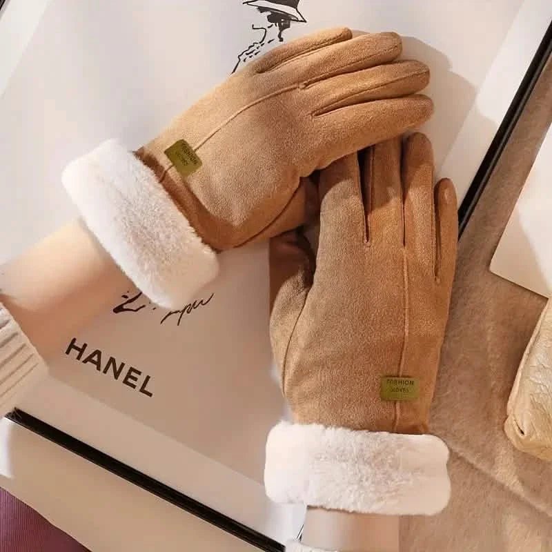 Cashmere Warm Suede Leather Plush Touch Screen Gloves - Quarter Circle AK Boutique
