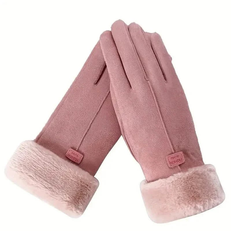 Cashmere Warm Suede Leather Plush Touch Screen Gloves - Quarter Circle AK Boutique