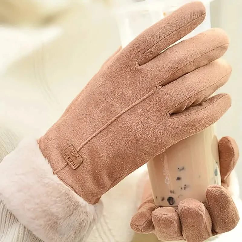 Cashmere Warm Suede Leather Plush Touch Screen Gloves - Quarter Circle AK Boutique