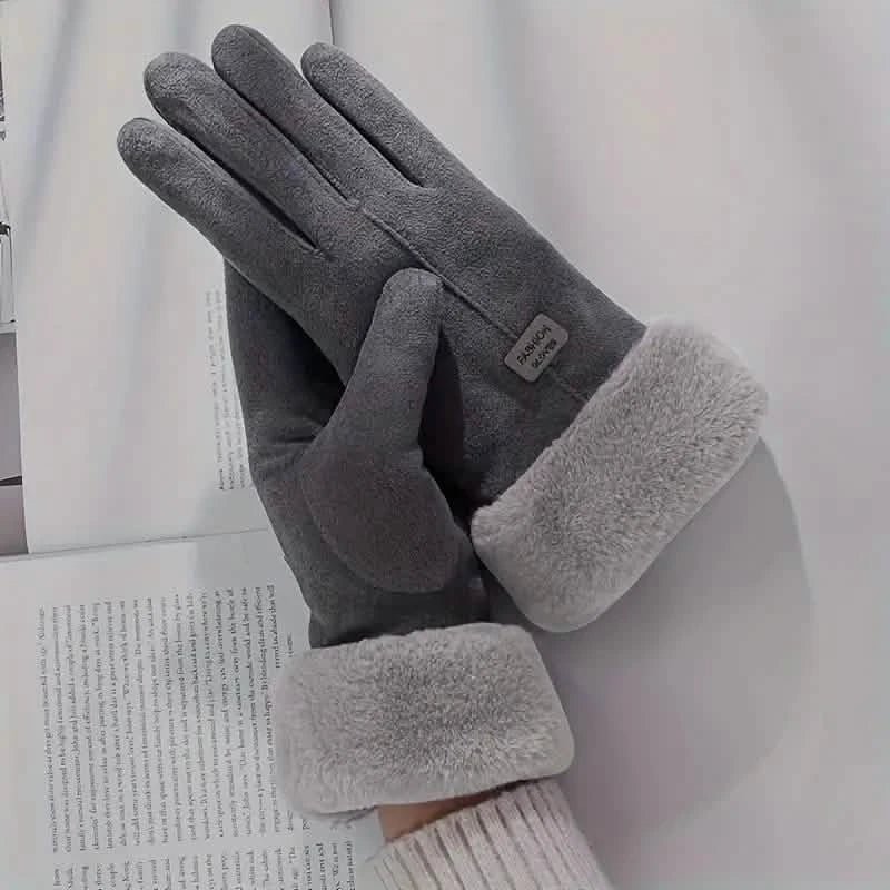 Cashmere Warm Suede Leather Plush Touch Screen Gloves - Quarter Circle AK Boutique