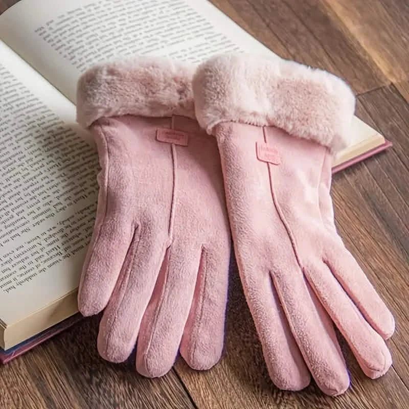 Cashmere Warm Suede Leather Plush Touch Screen Gloves - Quarter Circle AK Boutique