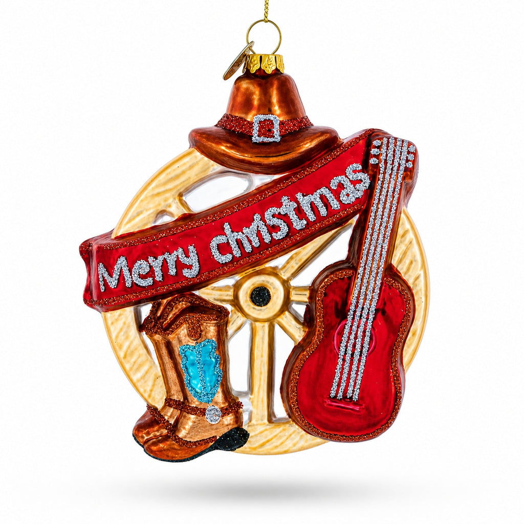 Western Ensemble with Guitar, Cowboy Boots Glass Christmas Ornament