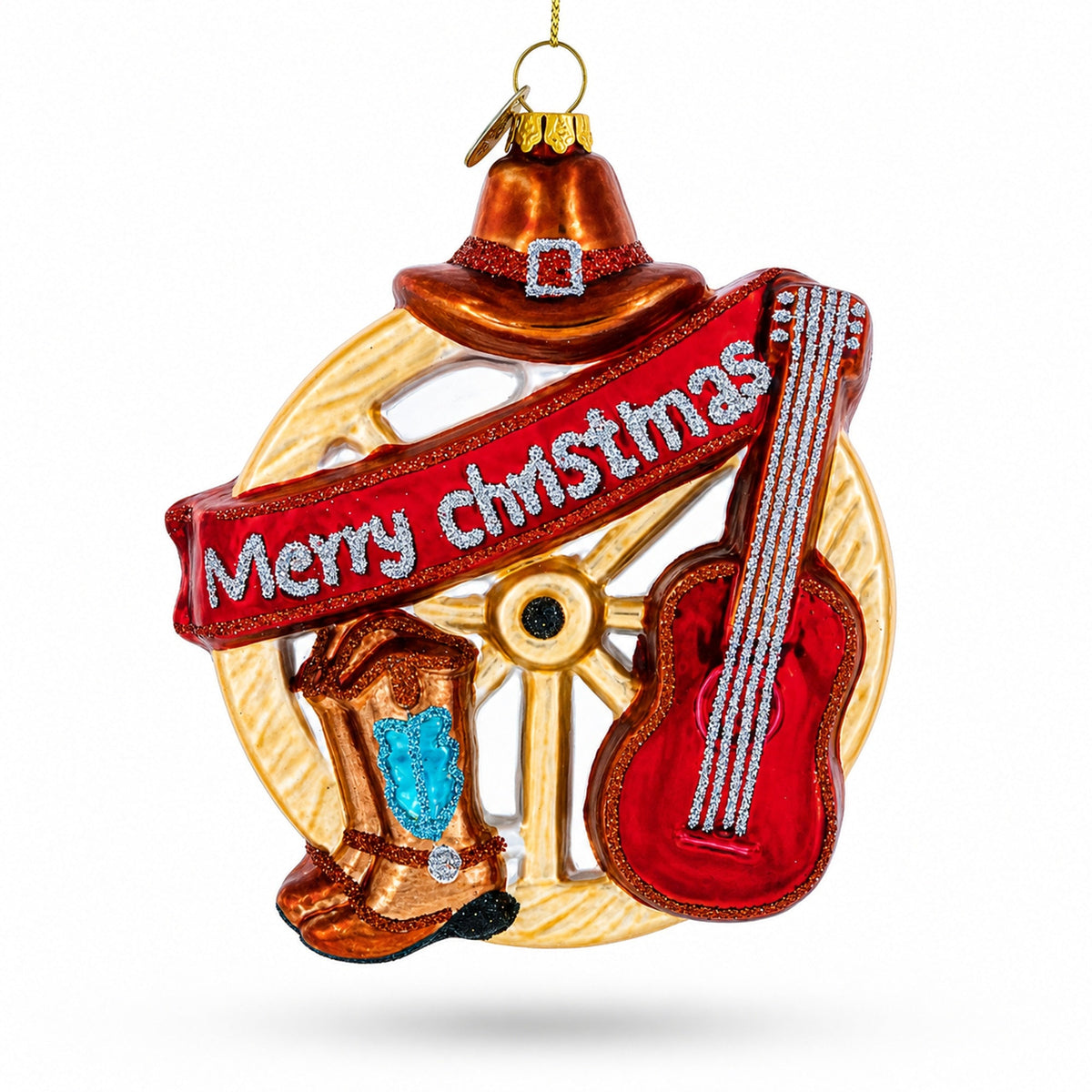 Western Ensemble with Guitar, Cowboy Boots Glass Christmas Ornament