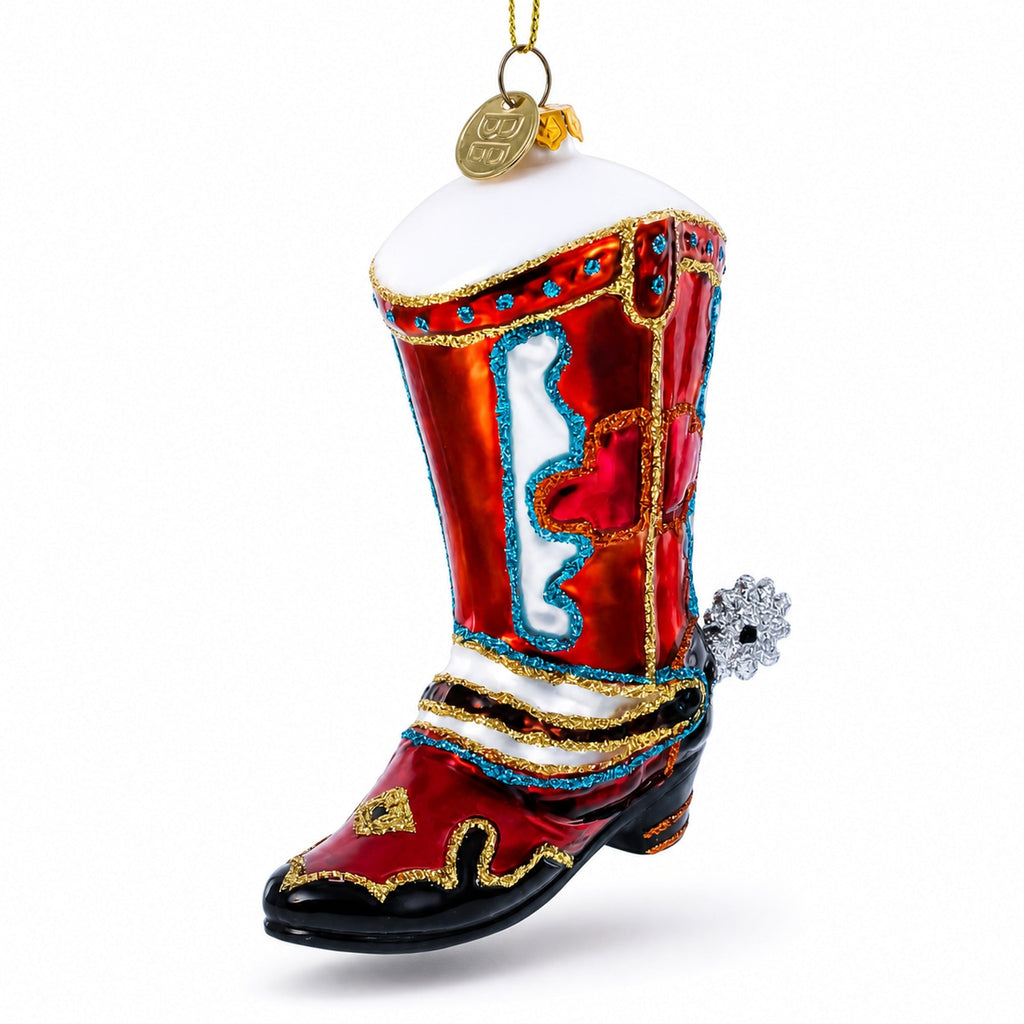 Western Cowboy Boot Glass Christmas Ornament