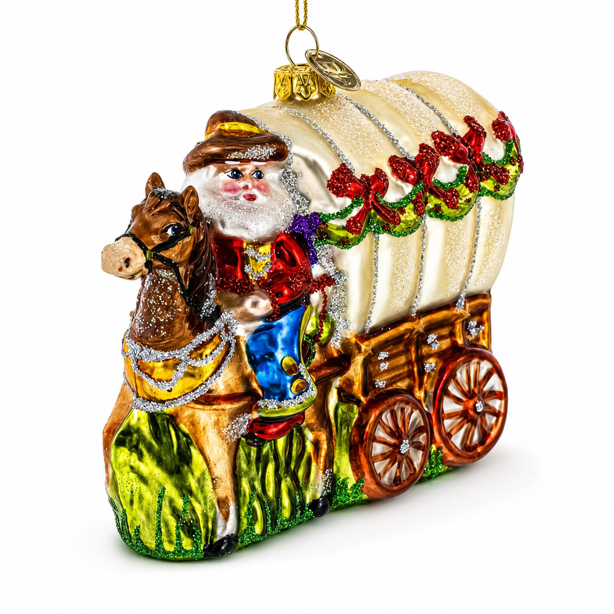 Western Santa with Holiday Wagon Glass Christmas Ornament