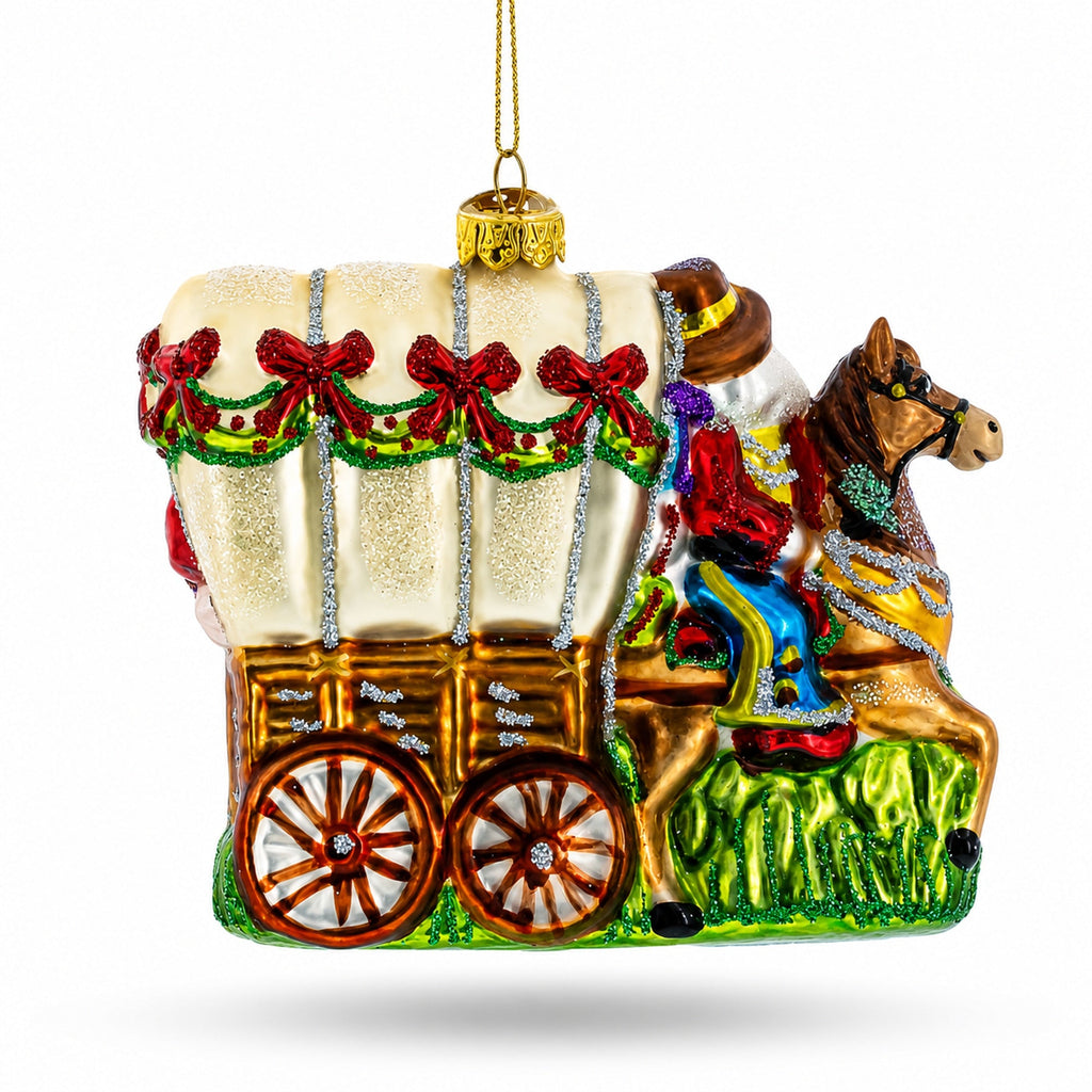 Western Santa with Holiday Wagon Glass Christmas Ornament