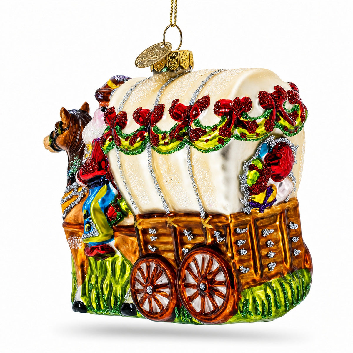 Western Santa with Holiday Wagon Glass Christmas Ornament