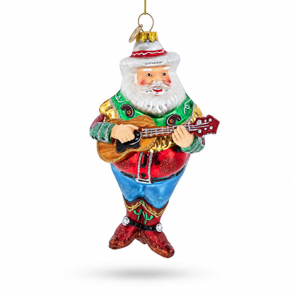 Western Santa with Guitar Glass Christmas Ornament