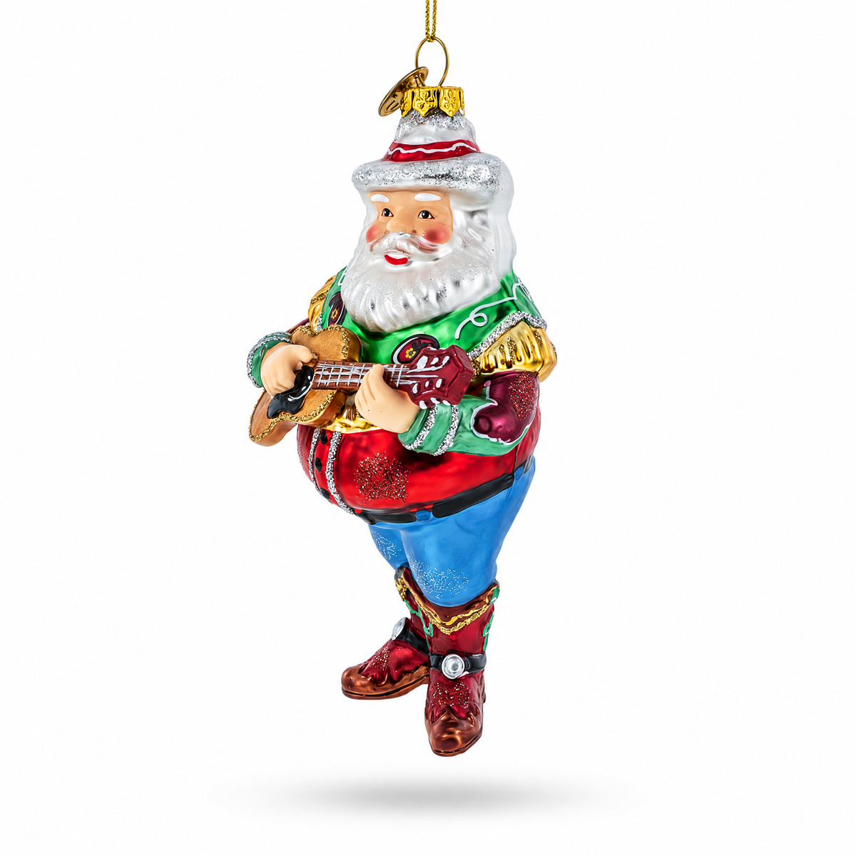 Western Santa with Guitar Glass Christmas Ornament