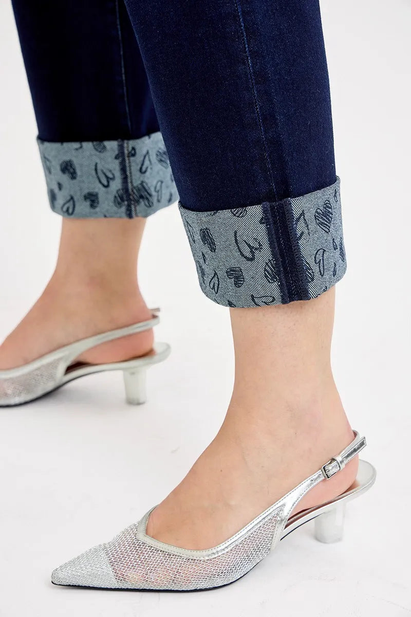RISEN Mid Rise Fit Crop Wide With Printed Cuff Jeans
