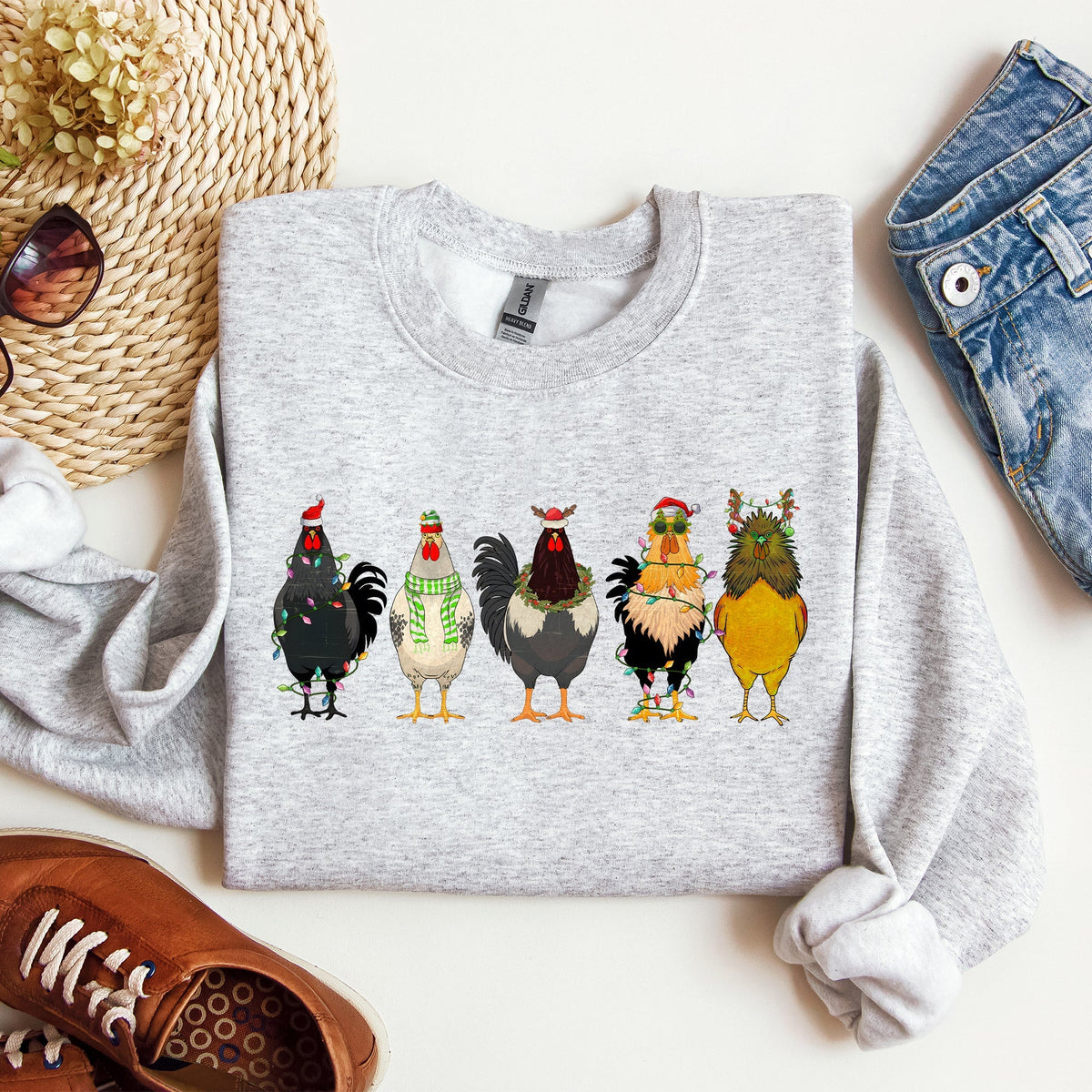 Christmas Chickens Santa Farm Life Winter Snow Cozy Farmhouse Holiday Scene Sweatshirt - Quarter Circle AK Boutique