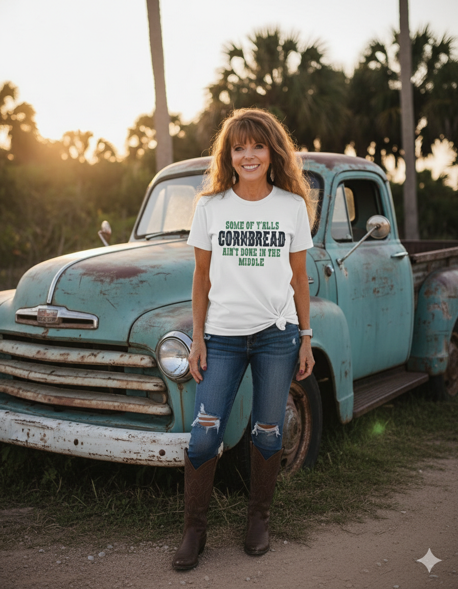 "Cornbread Ain't Done in the Middle" Graphic Tee | Tultex Soft Unisex T-Shirt | Funny Southern Sassy Sayings Top | Retro Country Boutique Apparel