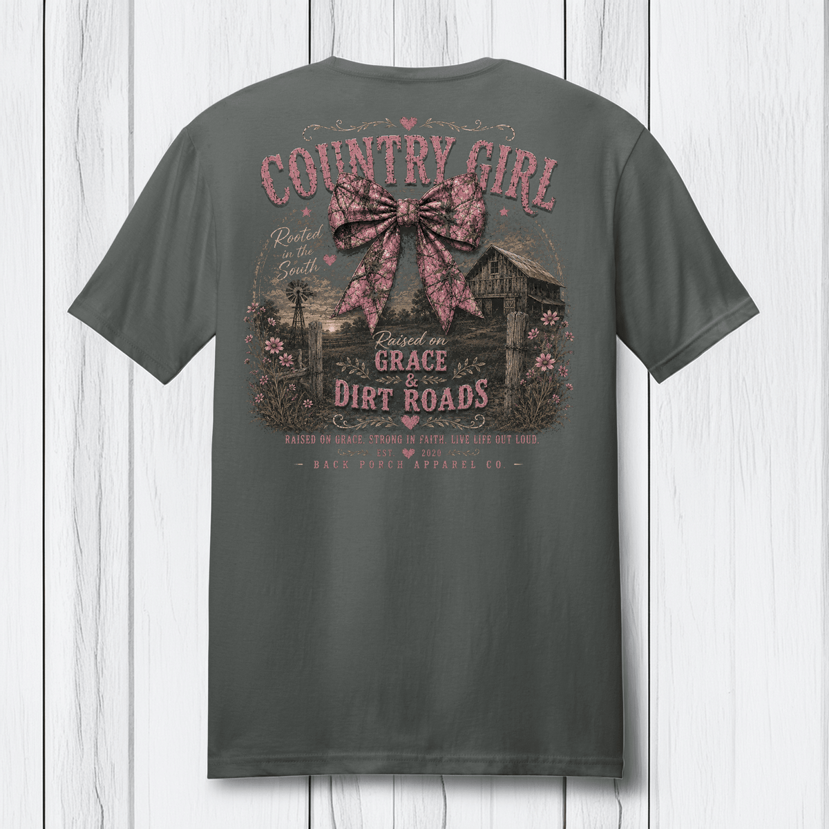 Country Girl Raised on Grace & Dirt Roads T-Shirt – Rustic Southern Bow Graphic Tee by Back Porch Apparel - Quarter Circle AK Boutique