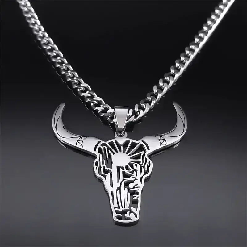 Cow Skull Animal Cowboy Stainless Steel Necklace, Bull Head Pendant